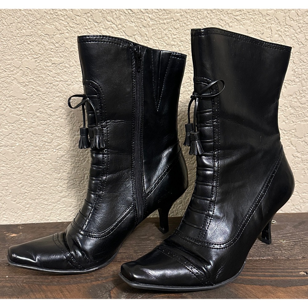 Liz Claiborne Lorraine Black Faux Leather Tassel Kitten Heel Mid-Calf Boots 7.5M